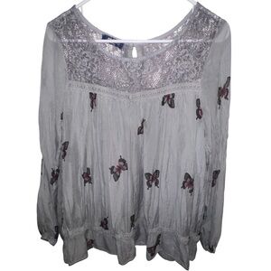 EUC Giulia Silk Elegant Lace Butterfly Print 🦋 Lace Long Sleeve Grey Top Small